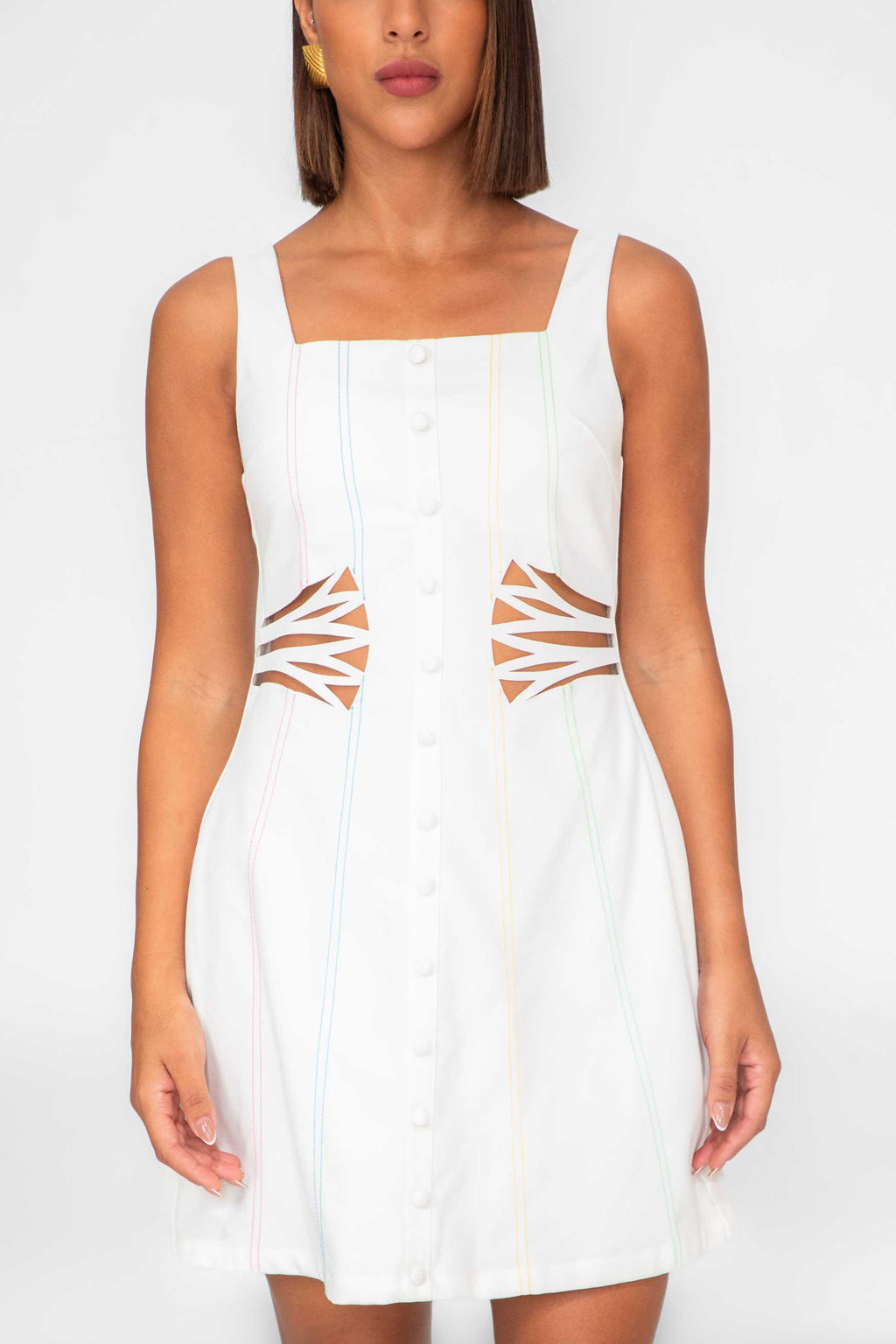 White sleeveless dress with cut-out design on a white background Clep