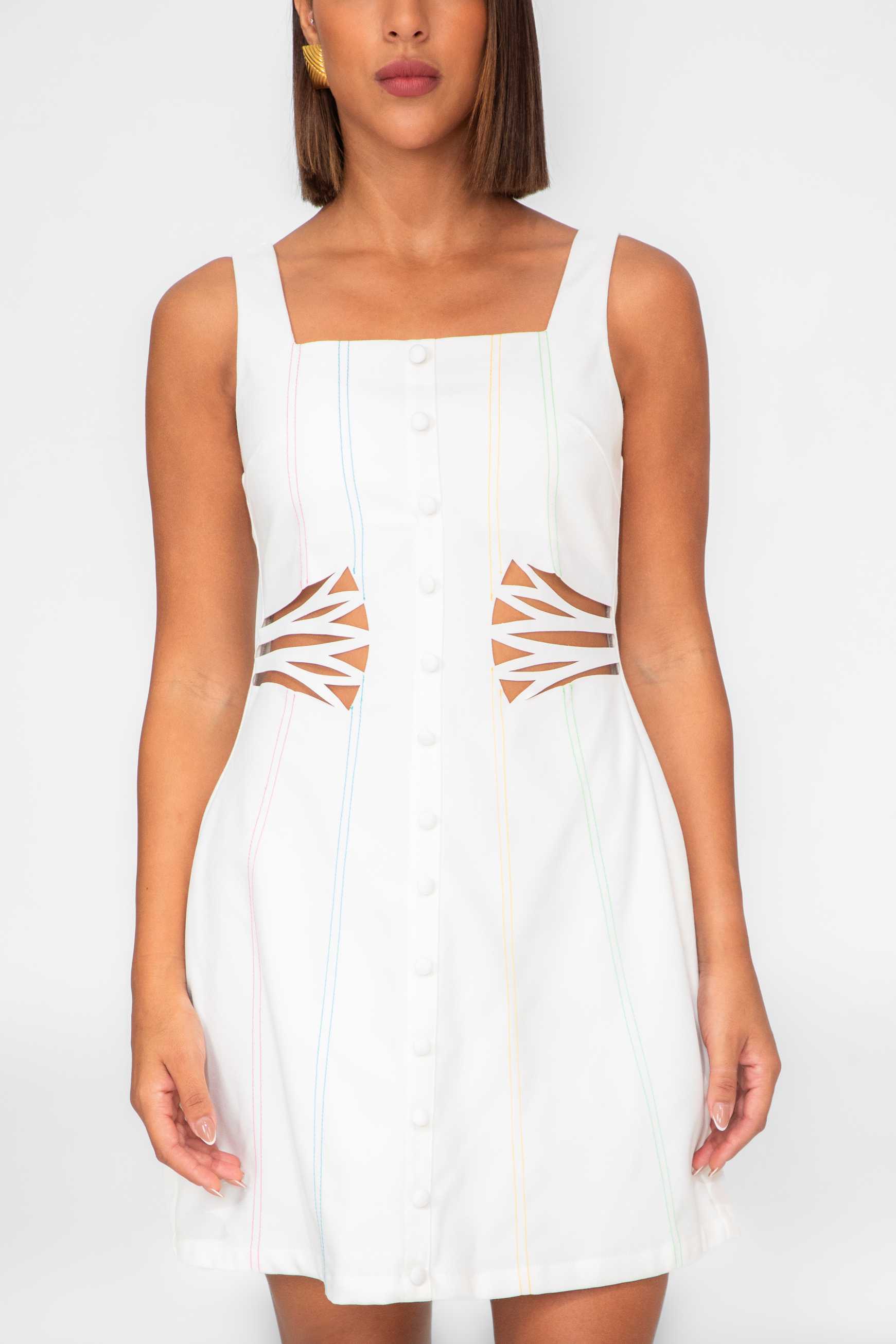 White sleeveless dress with cut-out design on a white background Clep